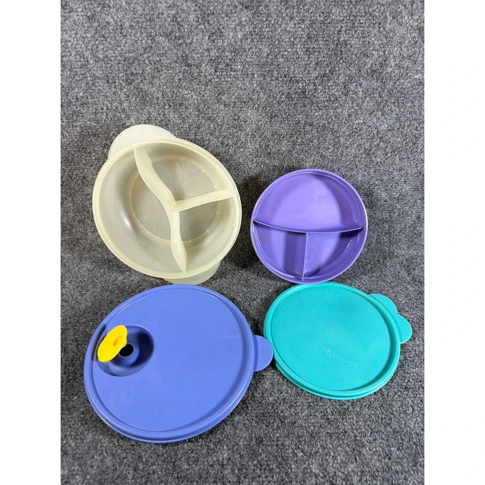 Tupperware CrystalWave Microwave Divided Dish Set Vented Lid Purple Teal Clear